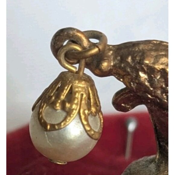 French Poodle Pin Cushion Pearl Gold Trinket Red Velvet Dog Jewelry Dish 60s Vtg - Picture 3 of 16